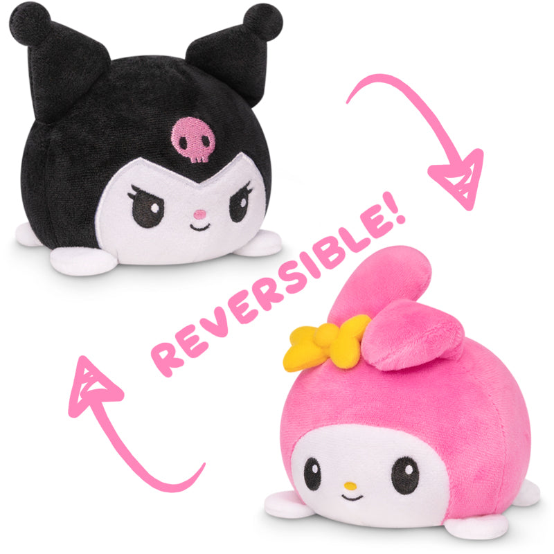 Two Reversible My Melody & Kuromi Plushies that express emotions, made by Sanrio.