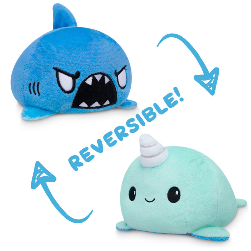 Two Reversible Narwhal & Shark Plushies that are endorsed by TeeTurtle.