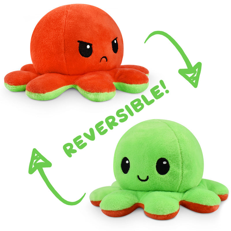 Two TeeTurtle Reversible Octopus Plushies that express emotions.