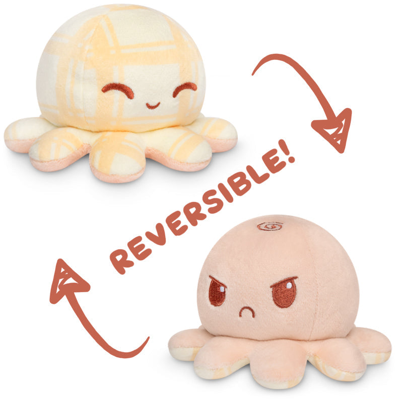 Two TeeTurtle Reversible Octopus Plushies (Khaki Plaid + Peach), also known as mood plushies, popularized on TikTok.