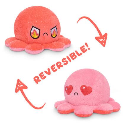 TeeTurtle Reversible Octopus Plushie (Red Sparkle + Pink Sparkle), a TeeTurtle original design, displaying two moods: one side angry in orange, other side happy in pink, with "reversible!" text and arrows indicating