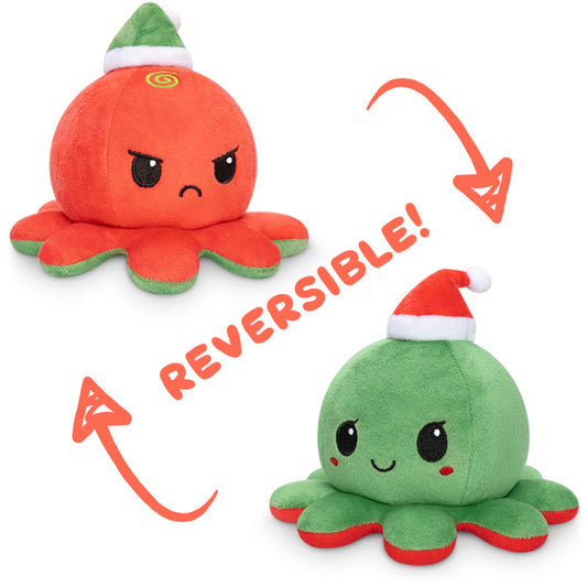 Two TeeTurtle Reversible Octopus Plushies (Santa Hat), also known as mood plushies, by TeeTurtle.