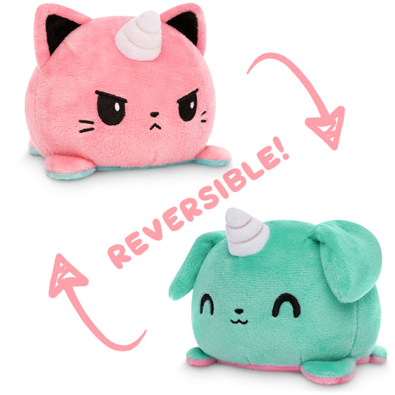 Two TeeTurtle Reversible Kittencorn & Puppicorn Plushies (Pink + Aqua) with words on them.