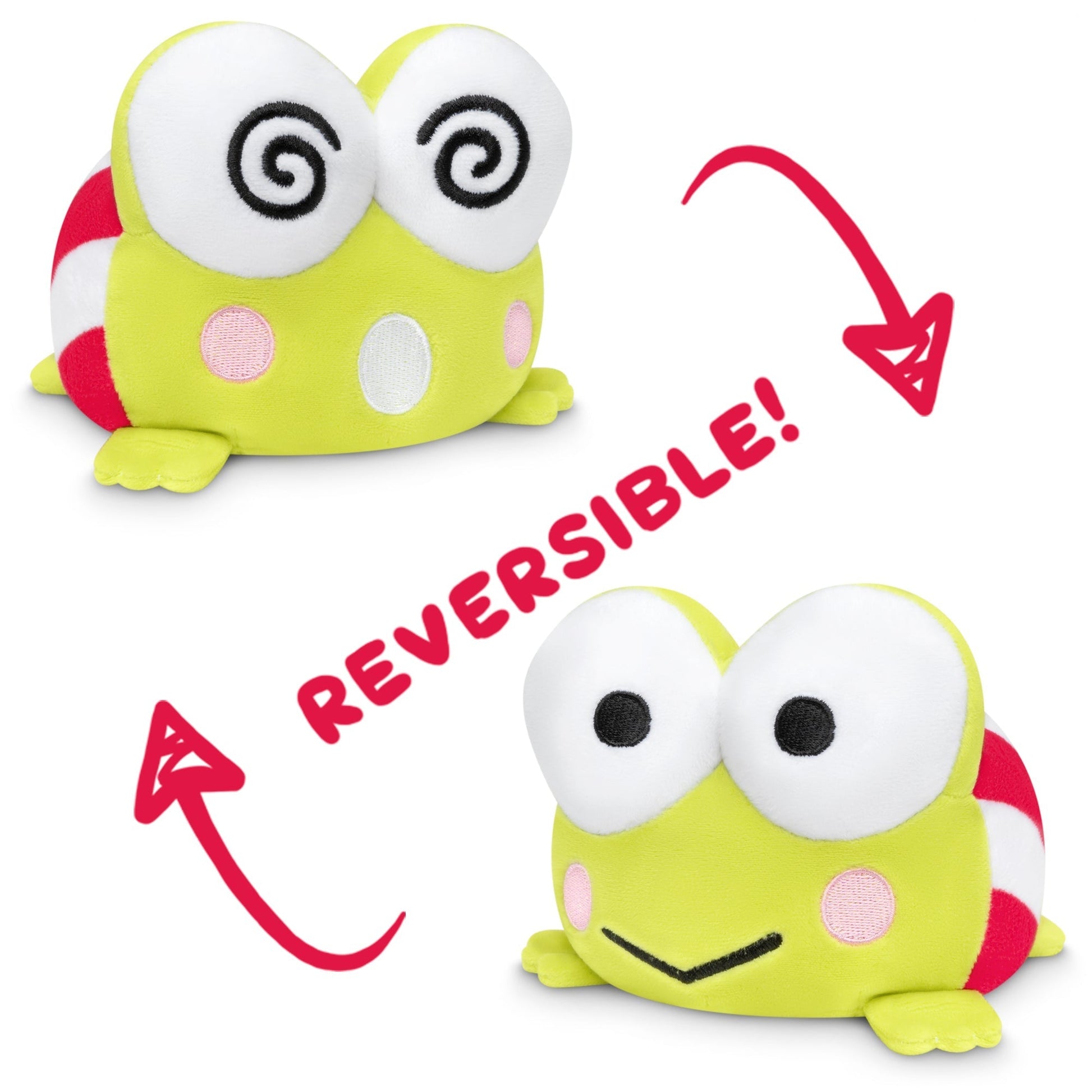 Two TeeTurtle Reversible Keroppi Plushies by Sanrio.