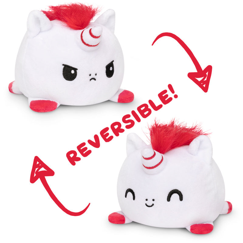 Two TeeTurtle Reversible Unicorn Plushies with Candy Cane Horns, perfect for mood plushie collectors or fans of TeeTurtle.