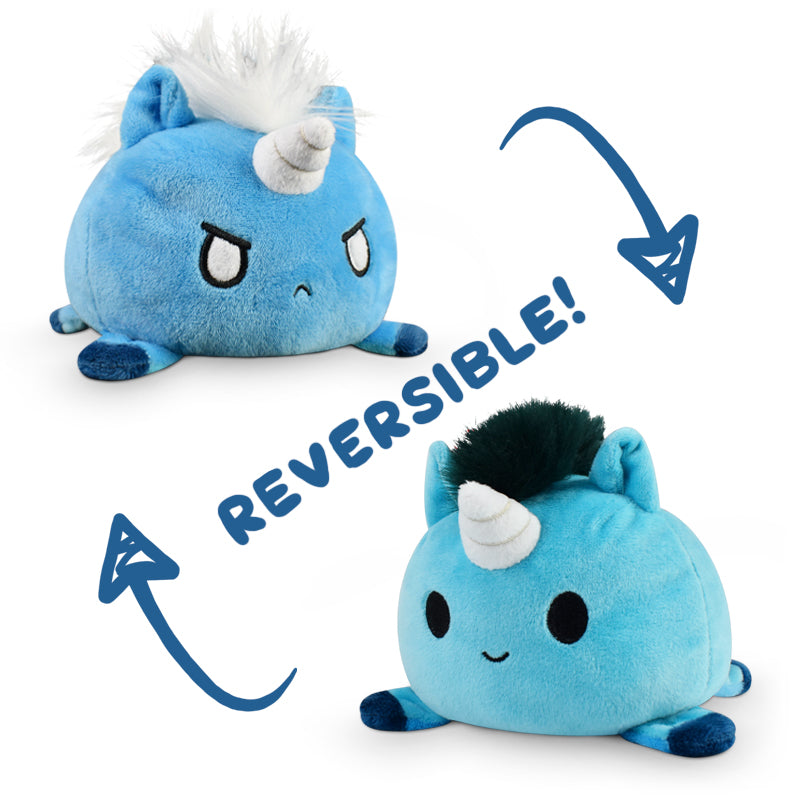 Two TeeTurtle Reversible Unicorn Plushies expressing emotions.