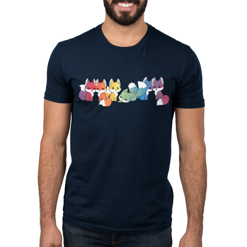 Premium Cotton T-shirt_Illustration of seven cartoon foxes in a line, each in a different color: red, orange, yellow, green, blue, indigo, and purple against a dark background on a Navy Blue apparel from monsterdigital's Rainbow Foxes collection.