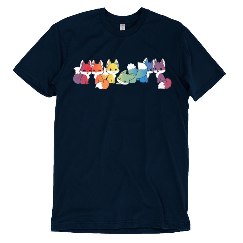 Premium Cotton T-shirt_Illustration of seven cartoon foxes in a line, each in a different color: red, orange, yellow, green, blue, indigo, and purple against a dark background on a Navy Blue apparel from monsterdigital's Rainbow Foxes collection.