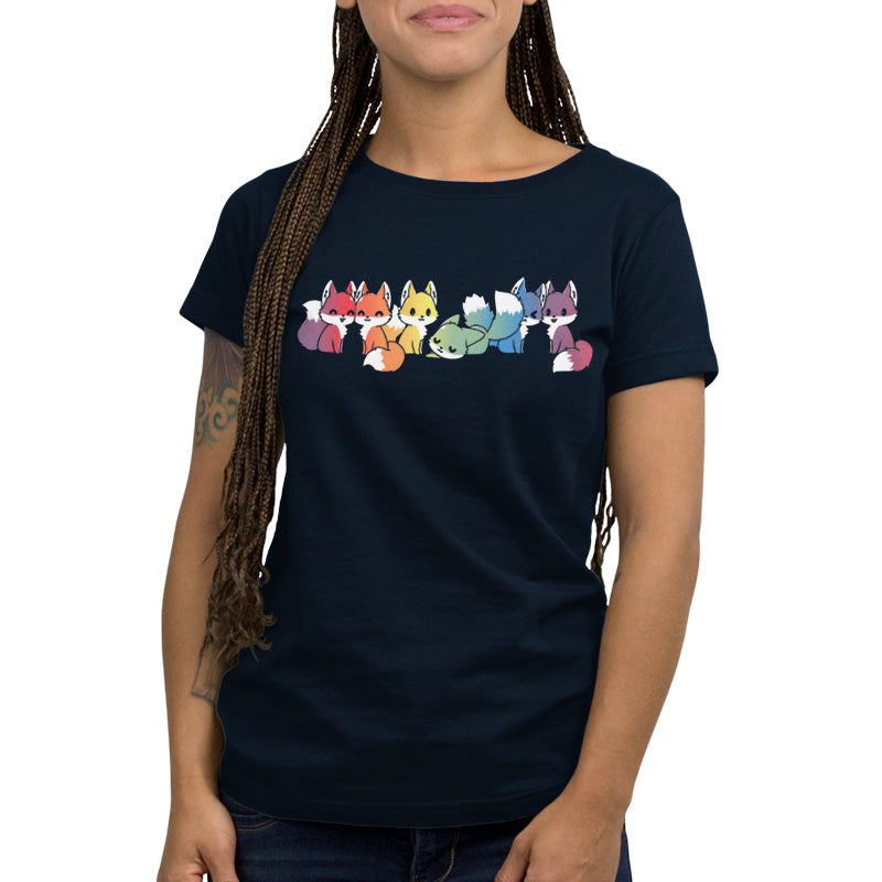 Premium Cotton T-shirt_Illustration of seven cartoon foxes in a line, each in a different color: red, orange, yellow, green, blue, indigo, and purple against a dark background on a Navy Blue apparel from monsterdigital's Rainbow Foxes collection.