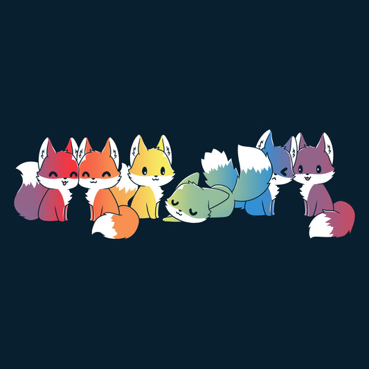 Premium Cotton T-shirt_Illustration of seven cartoon foxes in a line, each in a different color: red, orange, yellow, green, blue, indigo, and purple against a dark background on a Navy Blue apparel from monsterdigital's Rainbow Foxes collection.