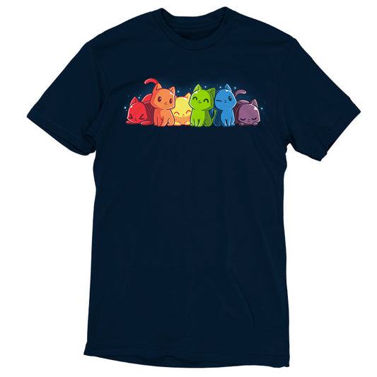 Premium Cotton T-shirt_TeeTurtle navy blue Rainbow Kitties. Featuring a row of kittens in a rainbow color sequence.