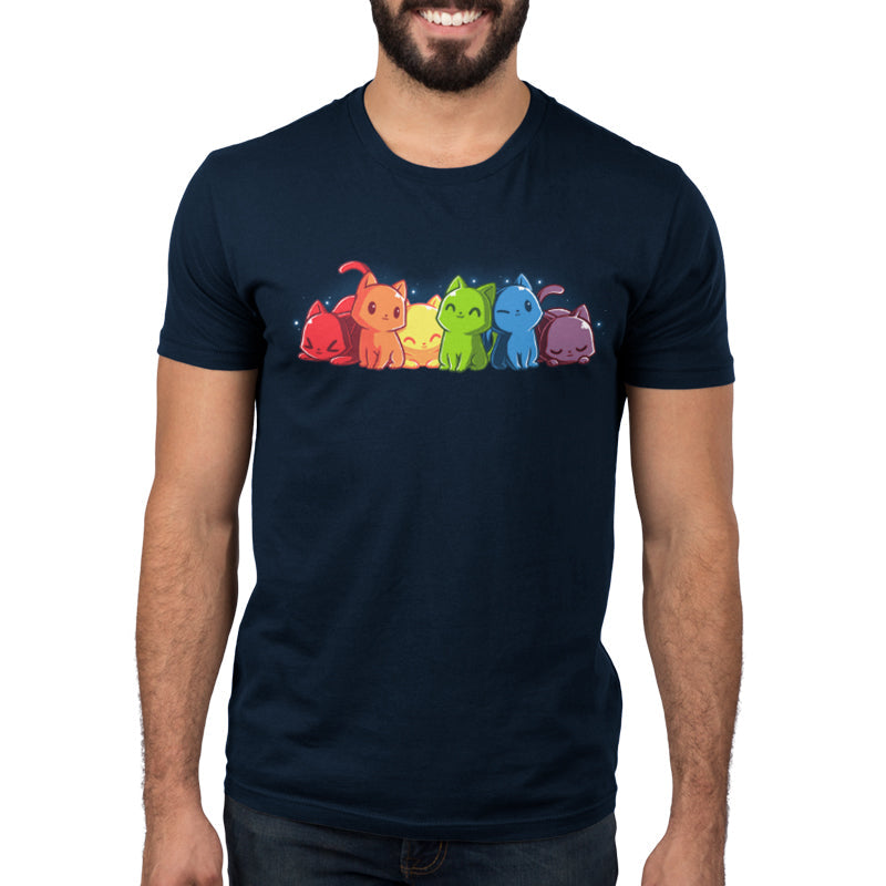 Premium Cotton T-shirt_TeeTurtle navy blue Rainbow Kitties. Featuring a row of kittens in a rainbow color sequence.