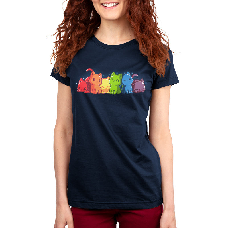 Premium Cotton T-shirt_TeeTurtle navy blue Rainbow Kitties. Featuring a row of kittens in a rainbow color sequence.