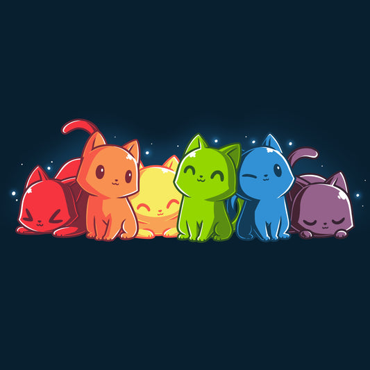 Premium Cotton T-shirt_TeeTurtle navy blue Rainbow Kitties. Featuring a row of kittens in a rainbow color sequence.