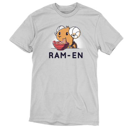 Premium Cotton T-shirt_Teeturtle Ram-en silver gray t-shirt featuring a ram eating a bowl of ramen. The text reads "Ram-en."