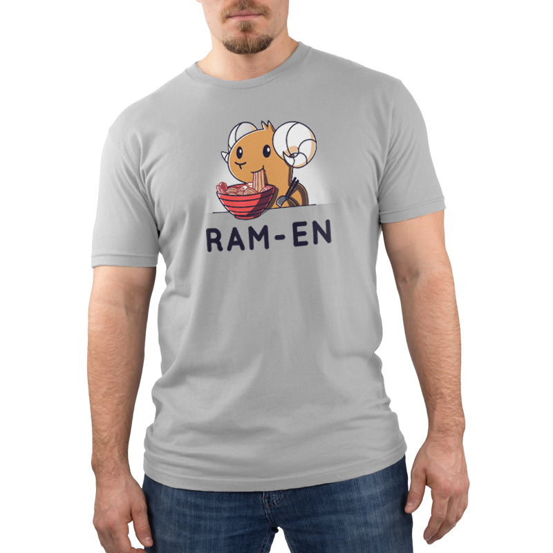 Premium Cotton T-shirt_Teeturtle Ram-en silver gray t-shirt featuring a ram eating a bowl of ramen. The text reads "Ram-en."