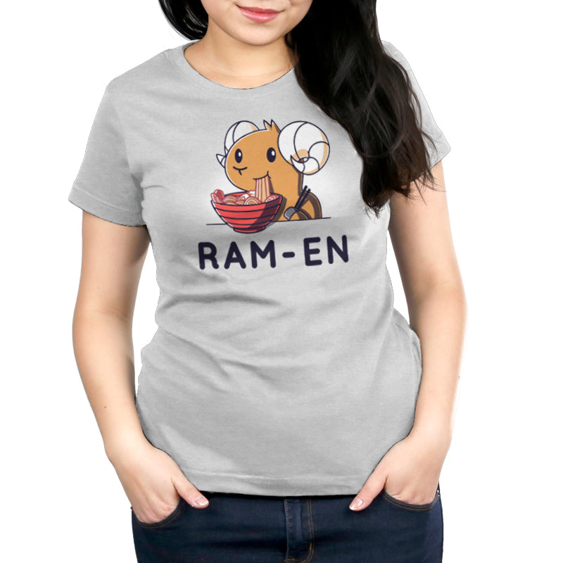 Premium Cotton T-shirt_Teeturtle Ram-en silver gray t-shirt featuring a ram eating a bowl of ramen. The text reads "Ram-en."