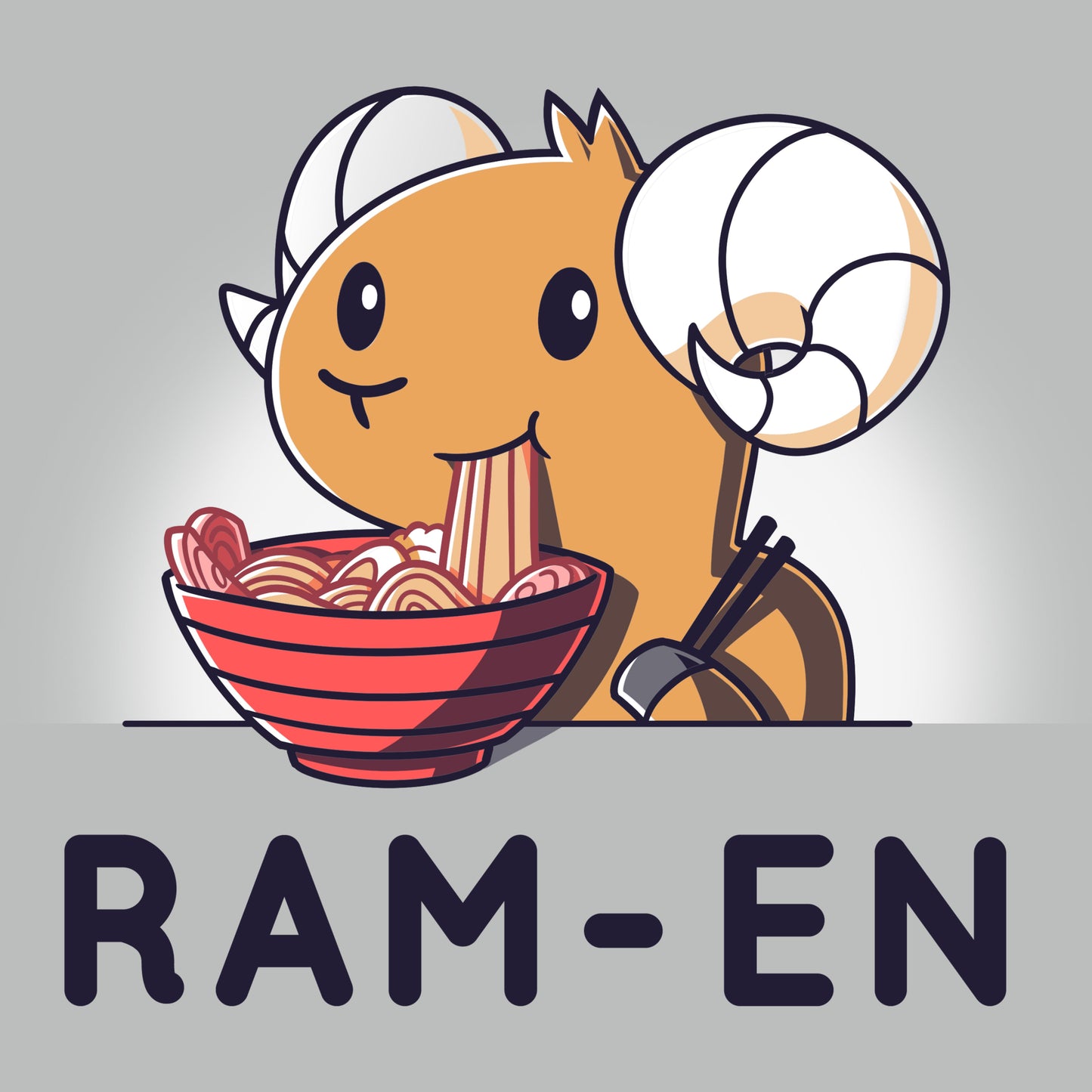 Premium Cotton T-shirt_Teeturtle Ram-en silver gray t-shirt featuring a ram eating a bowl of ramen. The text reads "Ram-en."