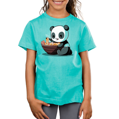 Premium Cotton T-shirt - A child wearing a Caribbean Blue apparel with a cartoon print of monsterdigital's Ramen Panda holding a bowl of ramen.