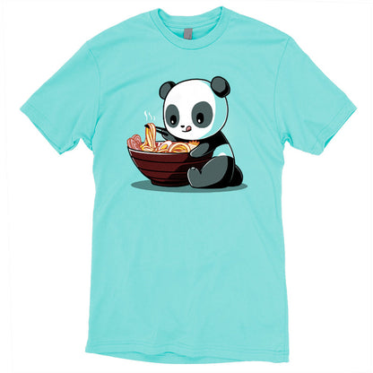 Premium Cotton T-shirt - A Caribbean Blue apparel featuring a graphic of a Ramen Panda enjoying noodles from a large bowl, made from super soft ringspun cotton for ultimate comfort. Introducing the Ramen Panda by monsterdigital.