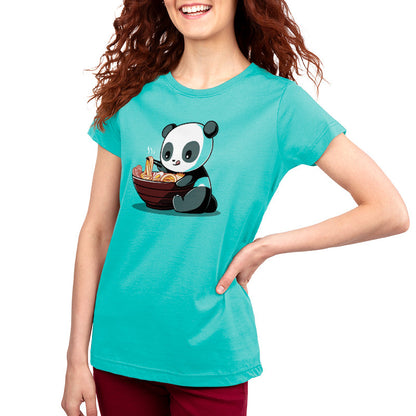 Premium Cotton T-shirt - A woman with red hair smiles while wearing a Caribbean Blue apparel featuring a Ramen Panda cartoon; the super soft ringspun cotton adds to her delight. This delightful apparel is a product of monsterdigital's Ramen Panda collection.