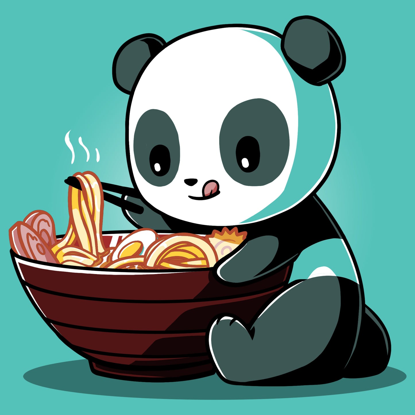 Premium Cotton T-shirt - Illustration of a Ramen Panda eating noodles from a large bowl with chopsticks in its right hand, set against a teal background on a Caribbean Blue apparel by monsterdigital.