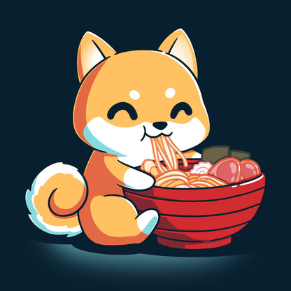 Premium Cotton T-shirt_The Ramen Shiba design from monsterdigital features a cute cartoon Shiba Inu dog happily eating a large bowl of ramen noodles with various toppings, all printed on a super soft ringspun cotton navy blue apparel. The dark background adds an extra charm to this cozy and stylish tee.