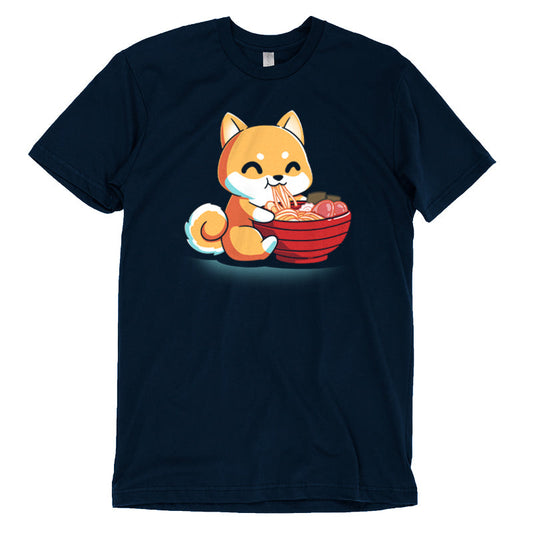 Premium Cotton T-shirt_The Ramen Shiba design from monsterdigital features a cute cartoon Shiba Inu dog happily eating a large bowl of ramen noodles with various toppings, all printed on a super soft ringspun cotton navy blue apparel. The dark background adds an extra charm to this cozy and stylish tee.