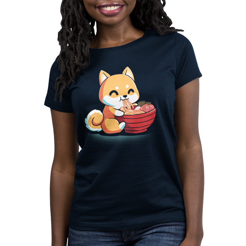 Premium Cotton T-shirt_The Ramen Shiba design from monsterdigital features a cute cartoon Shiba Inu dog happily eating a large bowl of ramen noodles with various toppings, all printed on a super soft ringspun cotton navy blue apparel. The dark background adds an extra charm to this cozy and stylish tee.