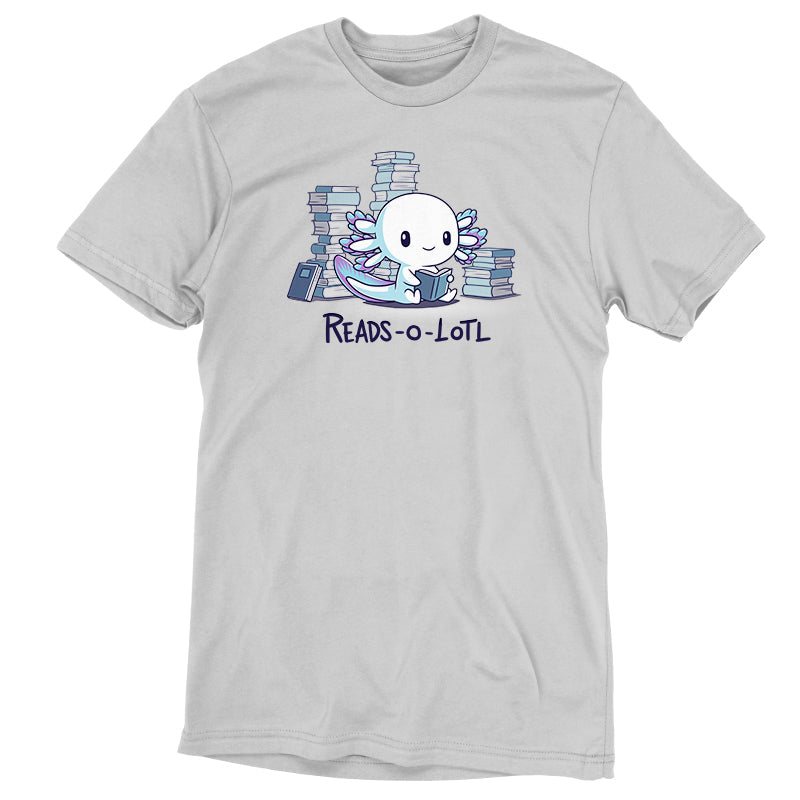 Premium Cotton T-shirt_TeeTurtle Reads-o-lotl silver gray t-shirt featuring a cute white and blue purple axolotl reading a book, surrounded by stacks of books, with the text "READS-O-LOTL" below. 