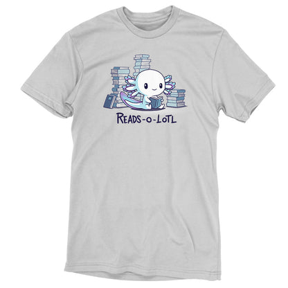 Premium Cotton T-shirt_TeeTurtle Reads-o-lotl silver gray t-shirt featuring a cute white and blue purple axolotl reading a book, surrounded by stacks of books, with the text "READS-O-LOTL" below. 