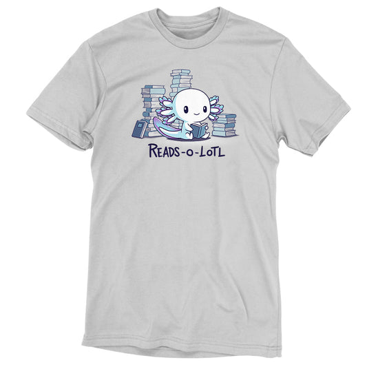 Premium Cotton T-shirt_TeeTurtle Reads-o-lotl silver gray t-shirt featuring a cute white and blue purple axolotl reading a book, surrounded by stacks of books, with the text 