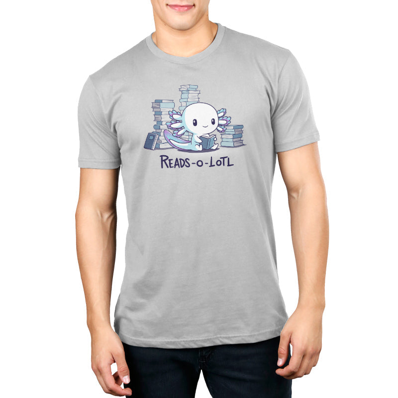 Premium Cotton T-shirt_TeeTurtle Reads-o-lotl silver gray t-shirt featuring a cute white and blue purple axolotl reading a book, surrounded by stacks of books, with the text "READS-O-LOTL" below. 