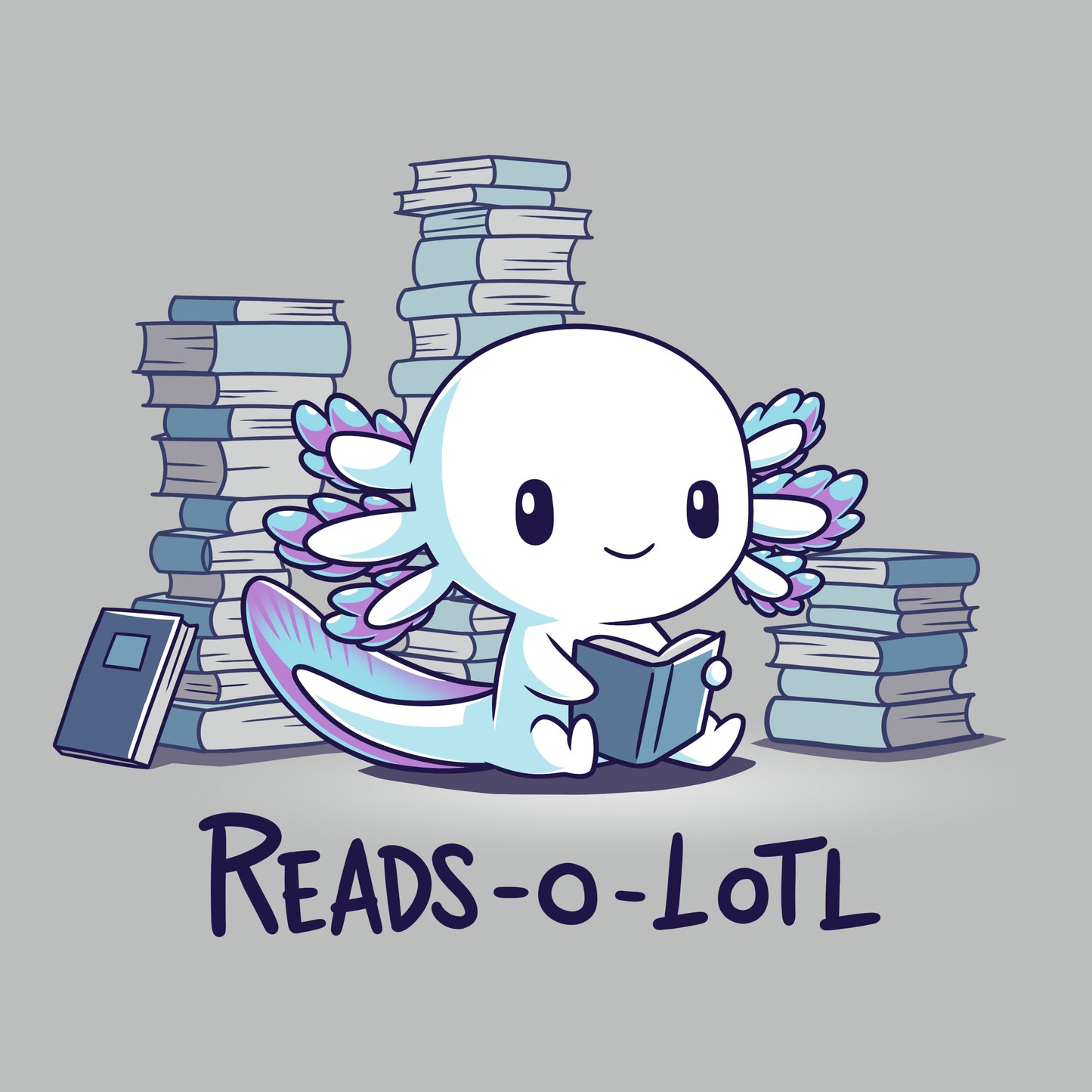 Premium Cotton T-shirt_TeeTurtle Reads-o-lotl silver gray t-shirt featuring a cute white and blue purple axolotl reading a book, surrounded by stacks of books, with the text "READS-O-LOTL" below. 