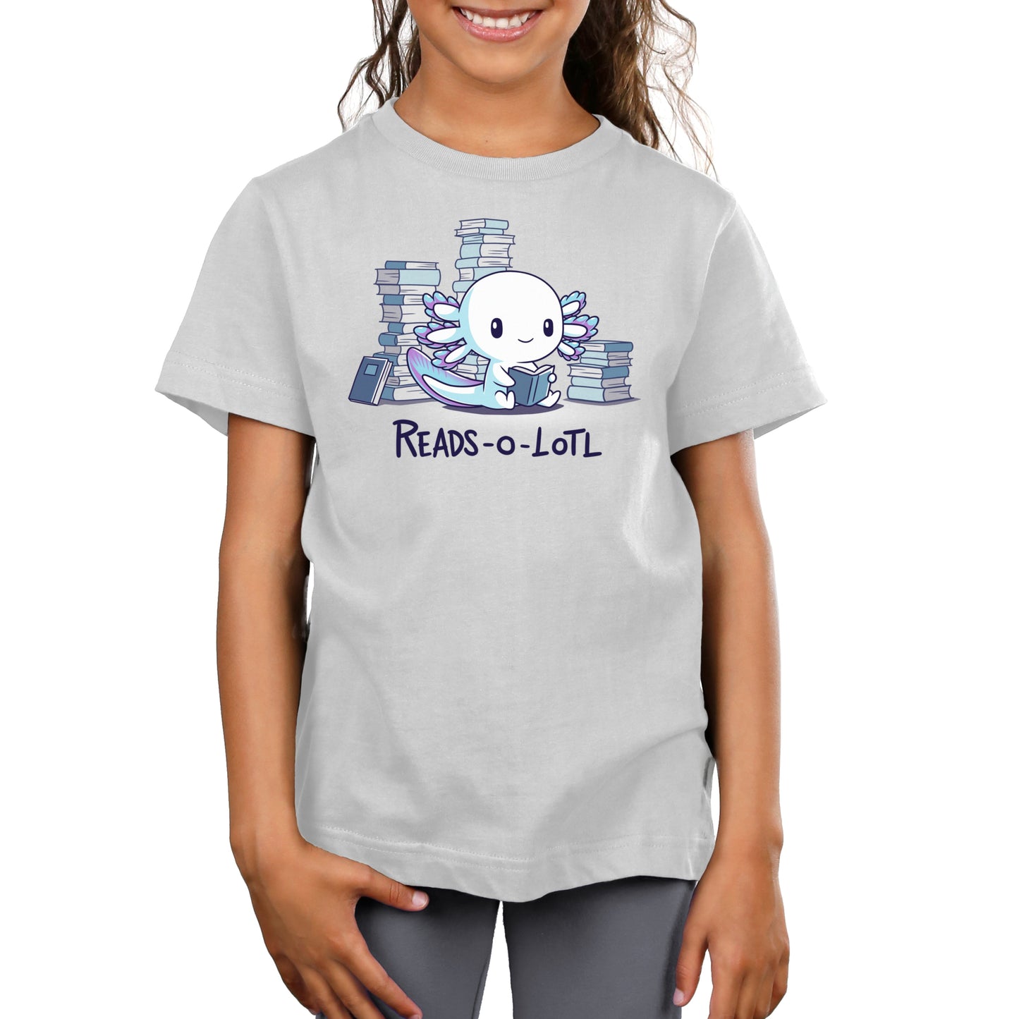 Premium Cotton T-shirt_TeeTurtle Reads-o-lotl silver gray t-shirt featuring a cute white and blue purple axolotl reading a book, surrounded by stacks of books, with the text "READS-O-LOTL" below. 