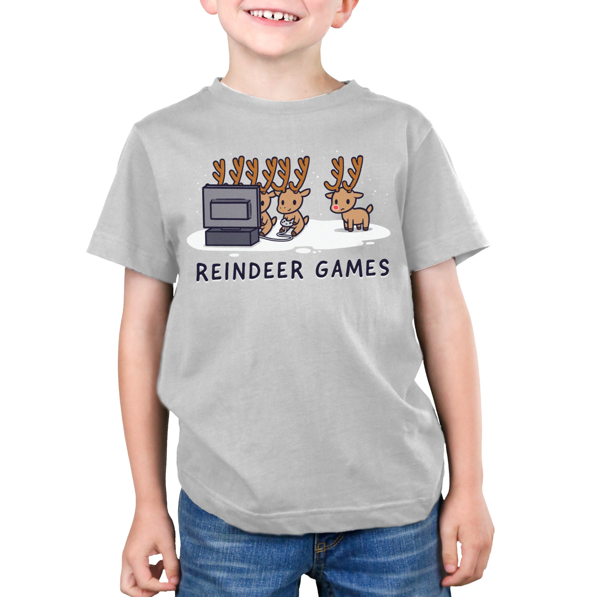 Premium Cotton T-shirt_TeeTurtle Reindeer Games silver gray t-shirt featuring Christmas reindeer playing video games