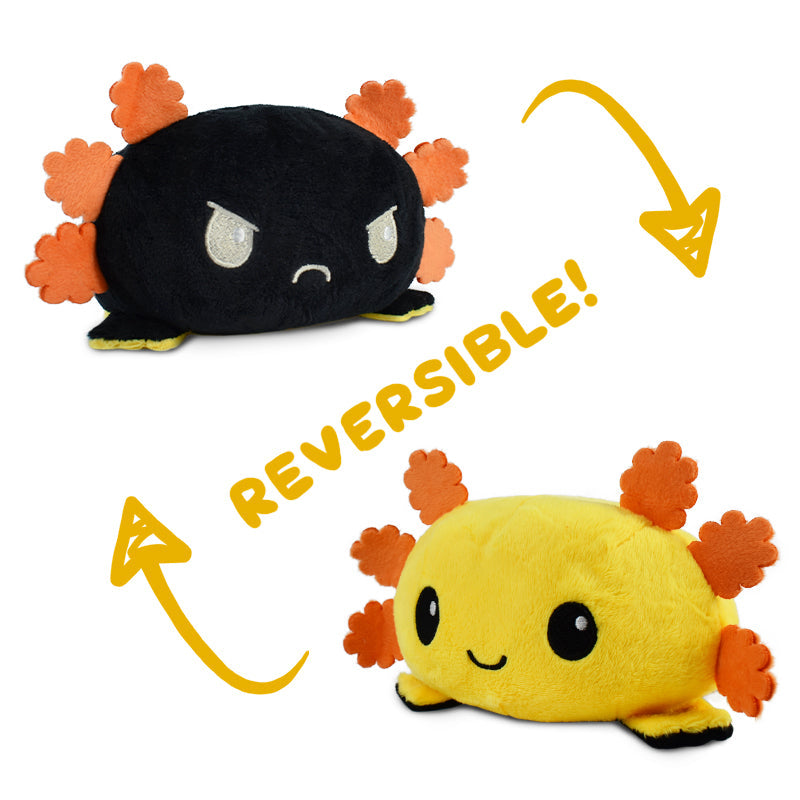 A TeeTurtle Reversible Axolotl Plushie with black and yellow colors.