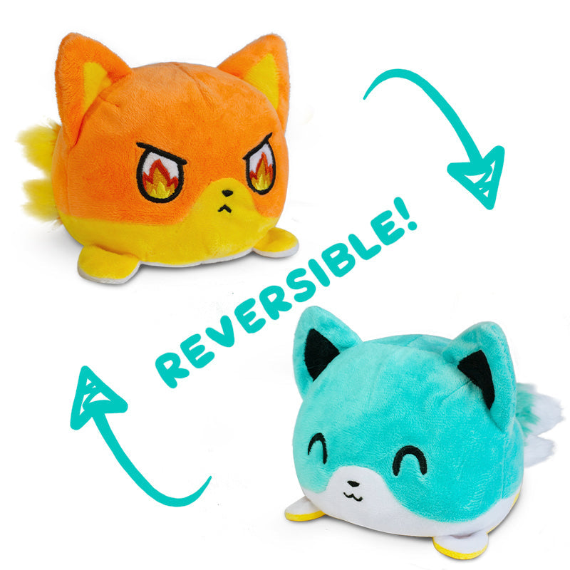 Two reversible mood plushies featuring the TeeTurtle brand, including a Reversible Kitsune Plushie.