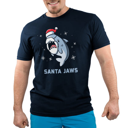 Premium Cotton T-shirt_TeeTurtle Santa Jaws navy blue t-shirt featuring a Christmas shark dressed up as Santa