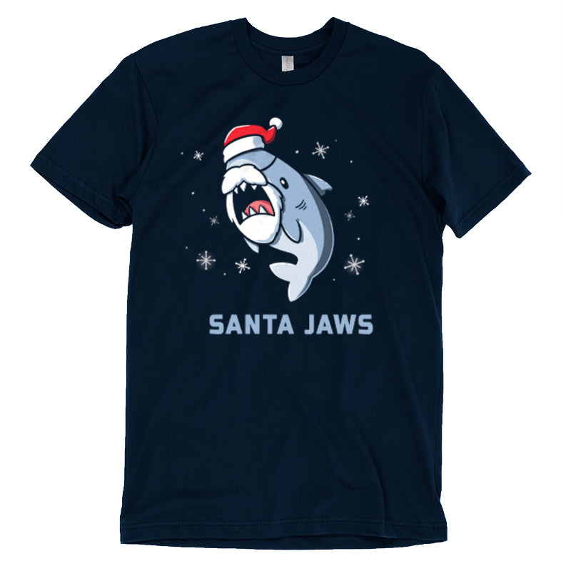 Premium Cotton T-shirt_TeeTurtle Santa Jaws navy blue t-shirt featuring a Christmas shark dressed up as Santa