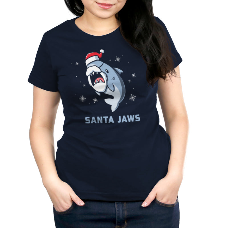 Premium Cotton T-shirt_TeeTurtle Santa Jaws navy blue t-shirt featuring a Christmas shark dressed up as Santa