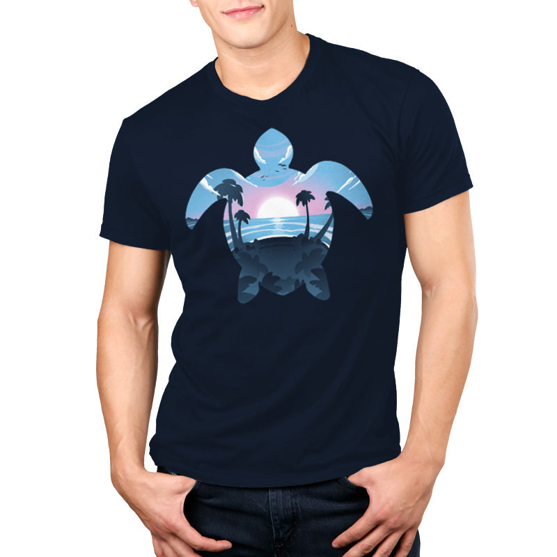 Premium Cotton T-shirt_TeeTurtle Sea Turtle navy blue t-shirt featuring a sea turtle outline with a serene beach pink and blue sunset.