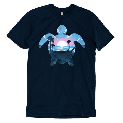 Premium Cotton T-shirt_TeeTurtle Sea Turtle navy blue t-shirt featuring a sea turtle outline with a serene beach pink and blue sunset.