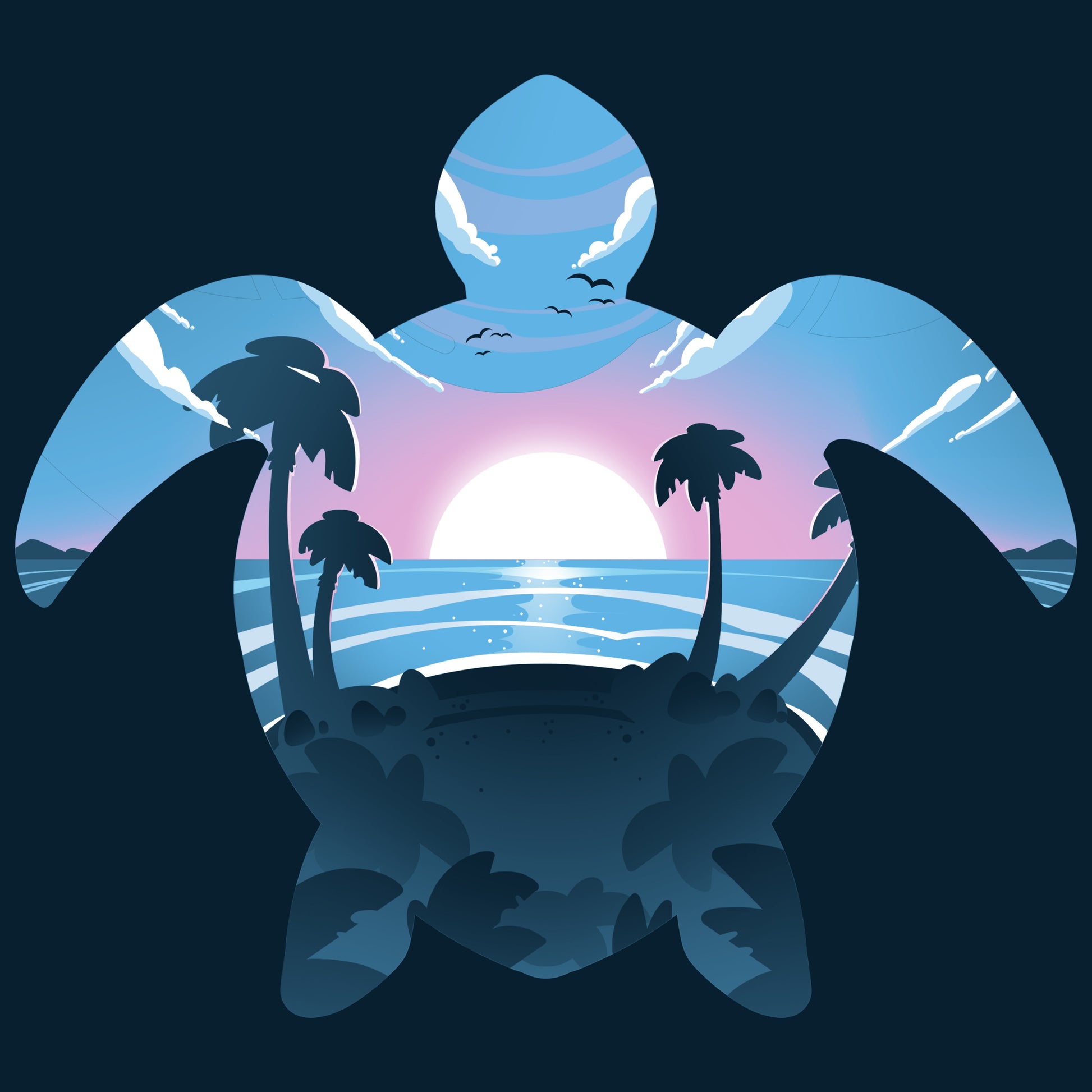 Premium Cotton T-shirt_TeeTurtle Sea Turtle navy blue t-shirt featuring a sea turtle outline with a serene beach pink and blue sunset.