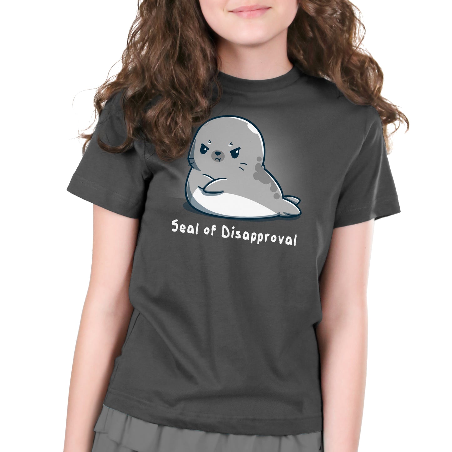 Premium Cotton T-shirt_A cartoon seal with a grumpy facial expression, arms crossed, adorns this Seal of Disapproval apparel from monsterdigital made from super soft ringspun cotton in a stylish charcoal gray.