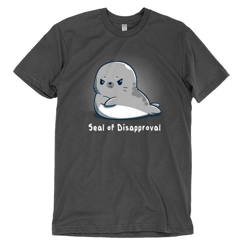 Premium Cotton T-shirt_A cartoon seal with a grumpy facial expression, arms crossed, adorns this Seal of Disapproval apparel from monsterdigital made from super soft ringspun cotton in a stylish charcoal gray.