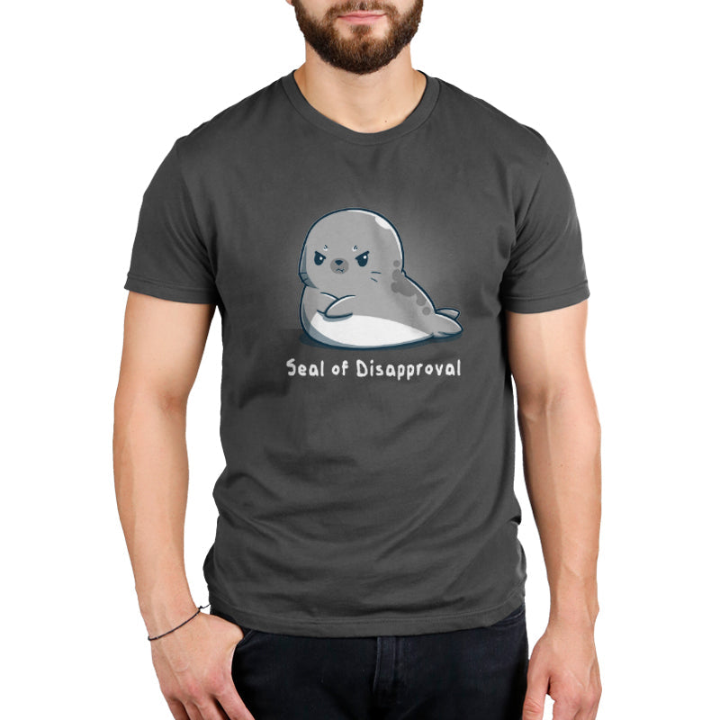 Premium Cotton T-shirt_A cartoon seal with a grumpy facial expression, arms crossed, adorns this Seal of Disapproval apparel from monsterdigital made from super soft ringspun cotton in a stylish charcoal gray.