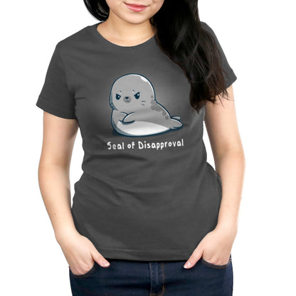 Premium Cotton T-shirt_A cartoon seal with a grumpy facial expression, arms crossed, adorns this Seal of Disapproval apparel from monsterdigital made from super soft ringspun cotton in a stylish charcoal gray.