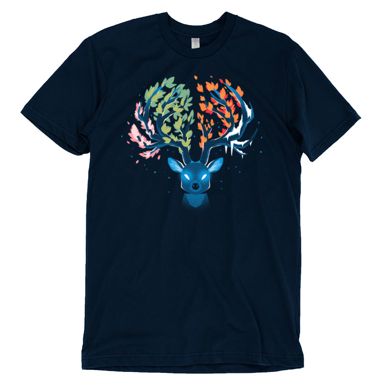 Premium Cotton T-shirt_Teeturtle Seasonal Stag Navy Blue Featuring a stylized stag with glowing eyes and the tines of its horns covered in leaves of various colors as well as frost, representing each of nature's four seasons.