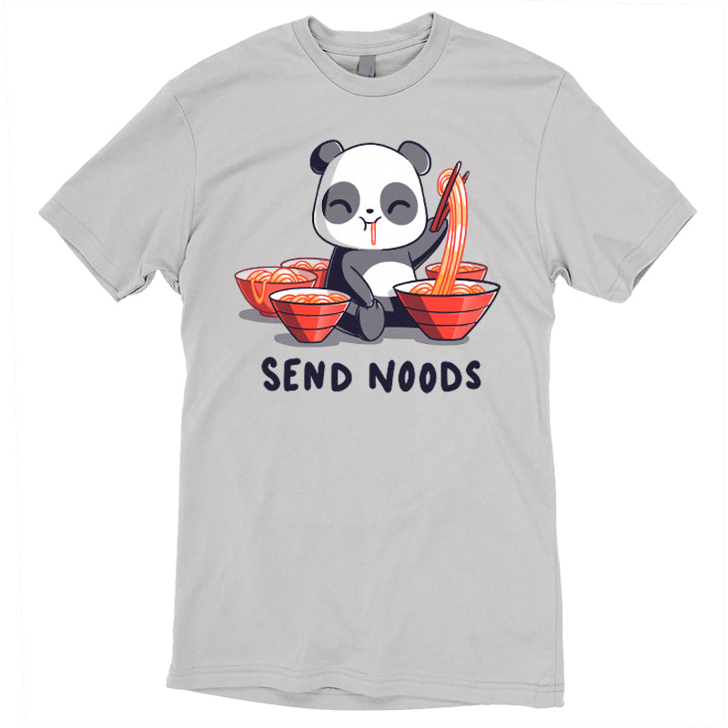 Premium Cotton T-shirt_A cartoon panda joyfully eating noodles with chopsticks, surrounded by bowls of noodles. Text at the bottom reads, "SEND NOODS." Made from super soft ringspun cotton, this unisex Send Noods apparelby monsterdigital is perfect for noodle lovers everywhere.